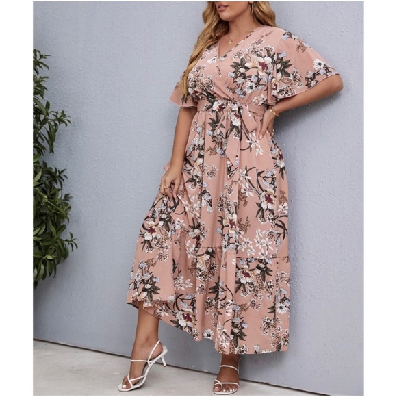 Plus Boho Pink Floral Print Butterly Sleeve Belted Maxi Dress - Picture 4 of 4